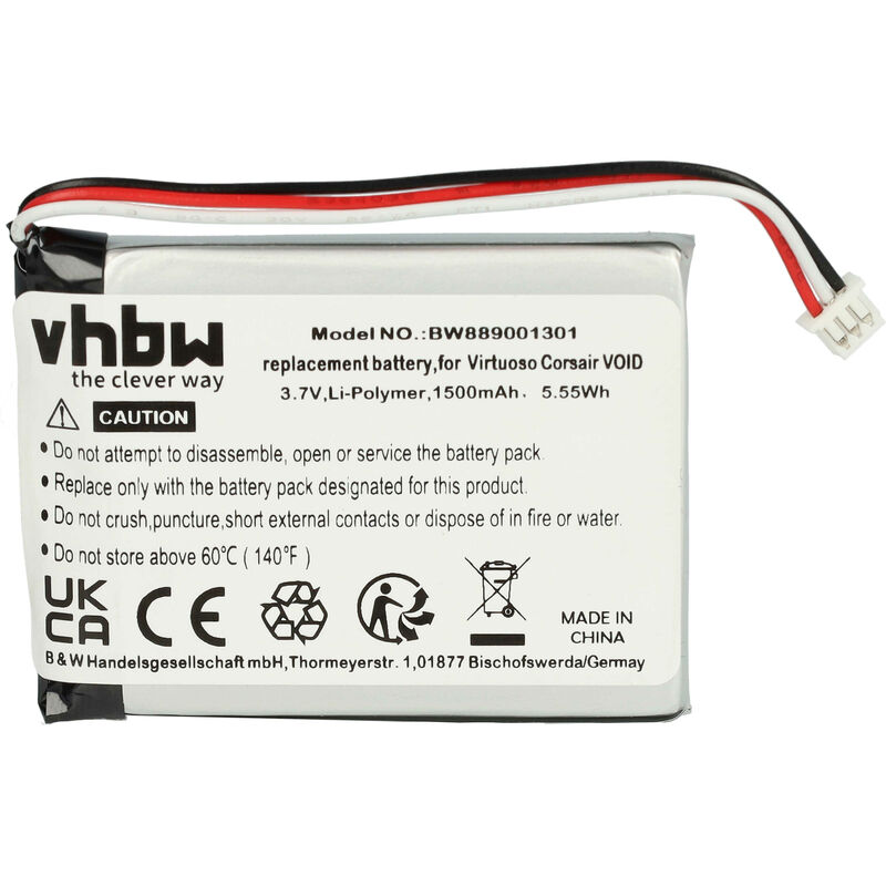 vhbw Batterie compatible avec Corsair Void PRO RGB SE, Void RGB casque audio, écouteurs sans fil (1500mAh, 3,7V, Li-ion)
