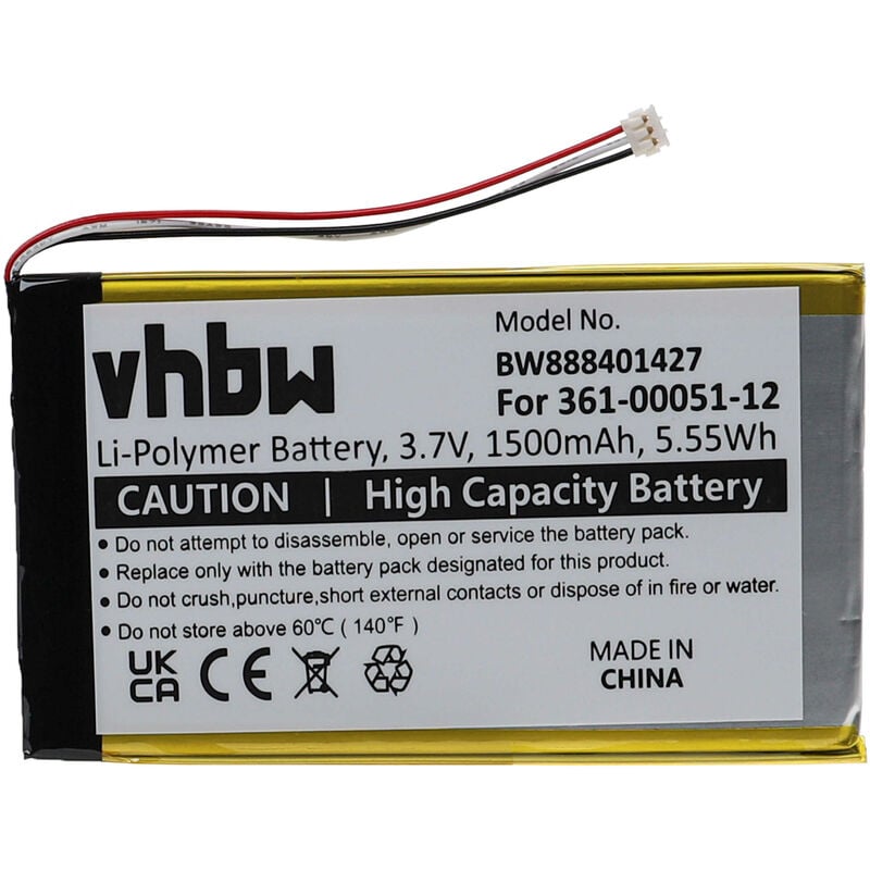 Batterie remplacement pour Garmin EE39EF08B0E3, US503, 361-00051-02, 361-00051-12 pour gps, appareil de navigation (1500mAh, 3,7V, Li-polymère) - Vhbw