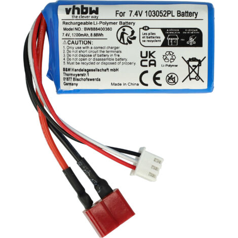 vhbw Batterie compatible avec T-System AWG16 connecteur pour modéle RC par ex. voiture de course avion (1200mAh, 7,4V, Li-polymère, 58 x 31 x 19 mm)