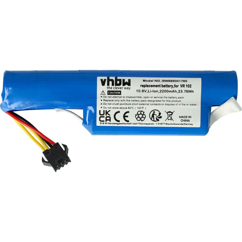 vhbw Batterie compatible avec Vileda VR 102, VR ONE robot électroménager (2200mAh, 10,8V, Li-ion)