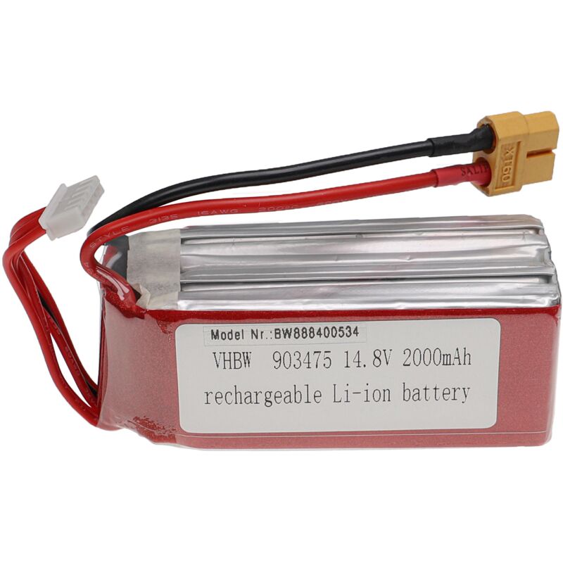 Vhbw - Batterie compatible avec XT60 connecteur pour modéle rc par ex. voiture de course avion (2000mAh, 14,8V, Li-polymère, 88 x 35 x 38 mm)