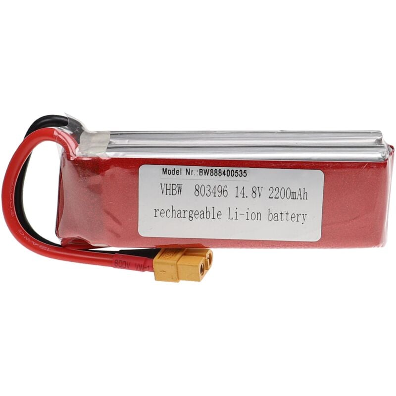 vhbw Batterie compatible avec XT60 connecteur pour modéle RC par ex. voiture de course avion (2200mAh, 14,8V, Li-polymère, 110 x 34 x 32 mm)