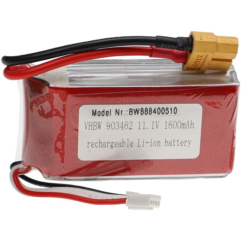 Vhbw - Batterie compatible avec XT60 connecteur pour modéle rc par ex. voiture de course, avion (1600mAh, 11,1V, Li-polymère, 73 x 35 x 21 mm)