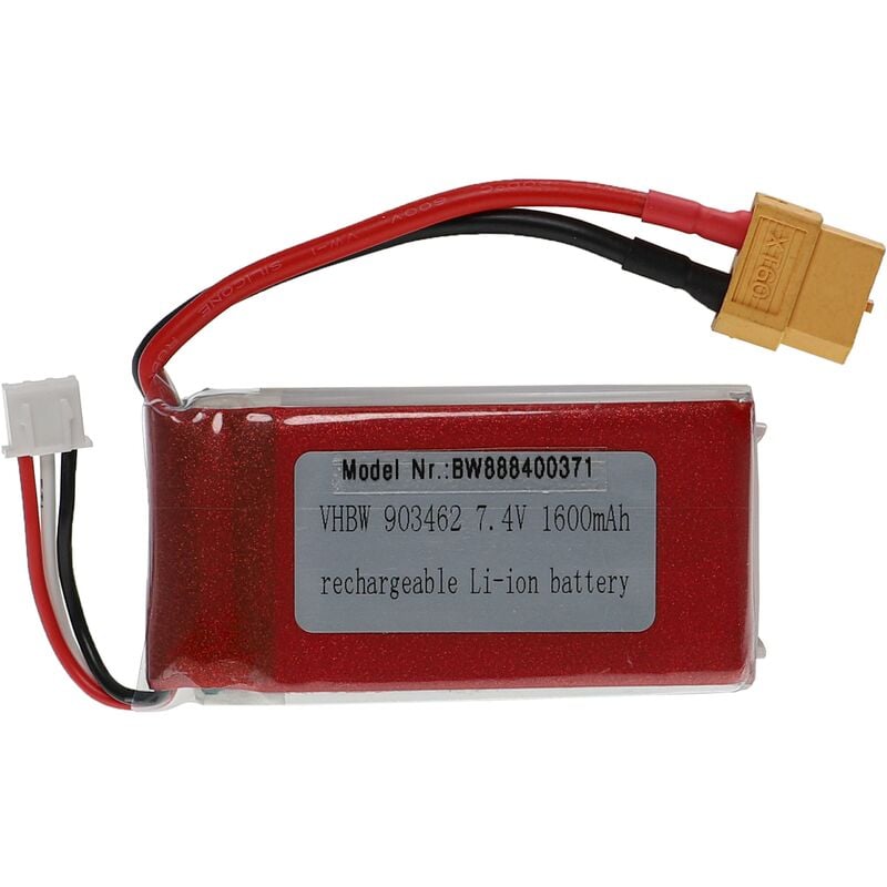 Vhbw - Batterie compatible avec XT60 connecteur pour modéle rc par ex. voiture de course, avion (1600mAh, 7,4V, Li-polymère, 70 x 35 x 18 mm)