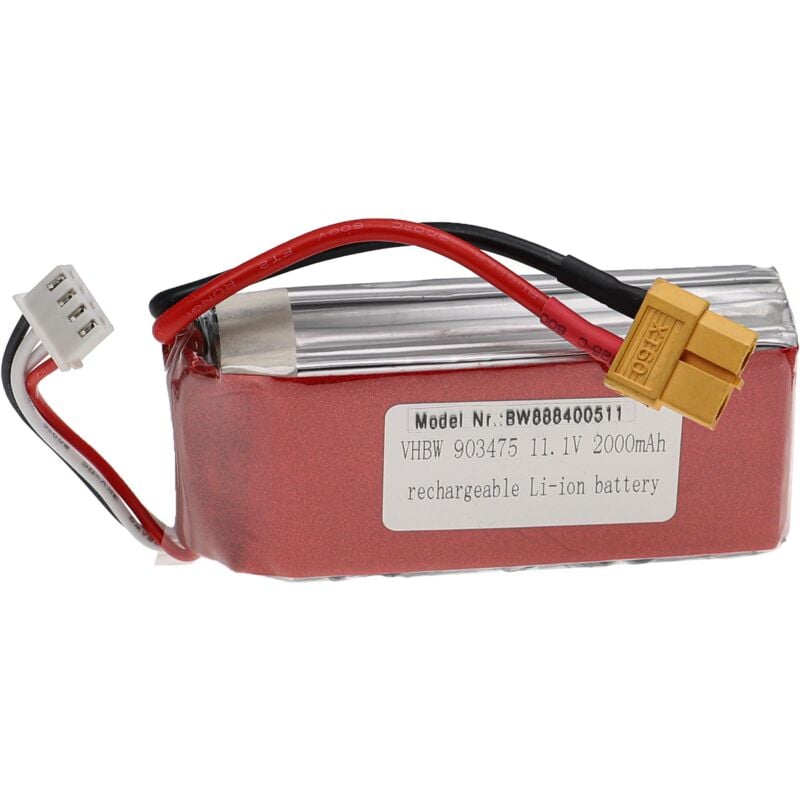 vhbw Batterie compatible avec XT60 connecteur pour modéle RC par ex. voiture de course, avion (2000mAh, 11,1V, Li-polymère, 86 x 34 x 28 mm)
