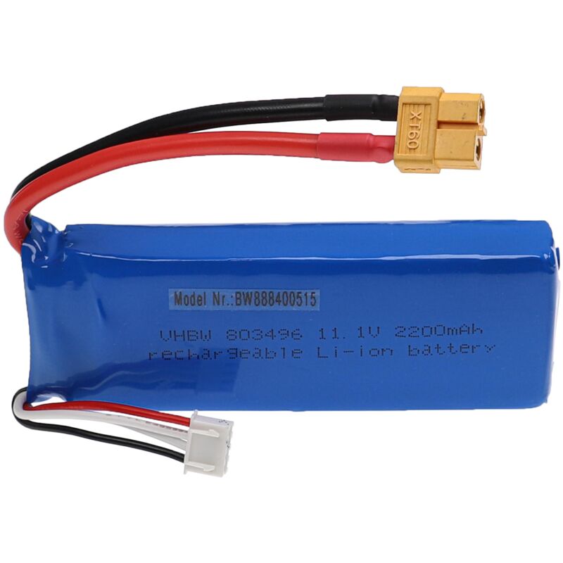 vhbw Batterie compatible avec XT60 connecteur pour modéle RC par ex. voiture de course, avion (2200mAh, 11,1V, Li-polymère, 106 x 34 x 22 mm)