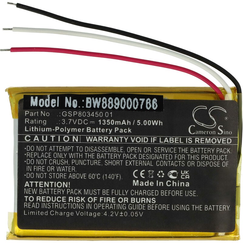 Batterie remplacement pour jbl GSP803450 01 pour boîtier de charge (1350mAh, 3,7V, Li-polymère) - Vhbw