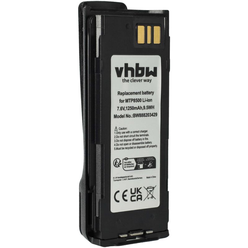 vhbw 1x Batterie remplacement pour Motorola NNTN8570B, NNTN8570A, NNTN8570 pour radio talkie-walkie (1250mAh, 7,6V, Li-ion) - avec clip de ceinture