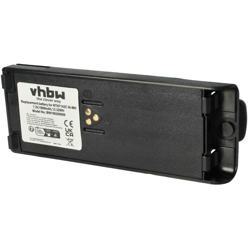 Batterie remplacement pour Motorola NTN7143, NTN7143A, NTN7143B pour radio talkie-walkie (1800mAh, 7,5V, Li-ion) - avec clip de ceinture - Vhbw