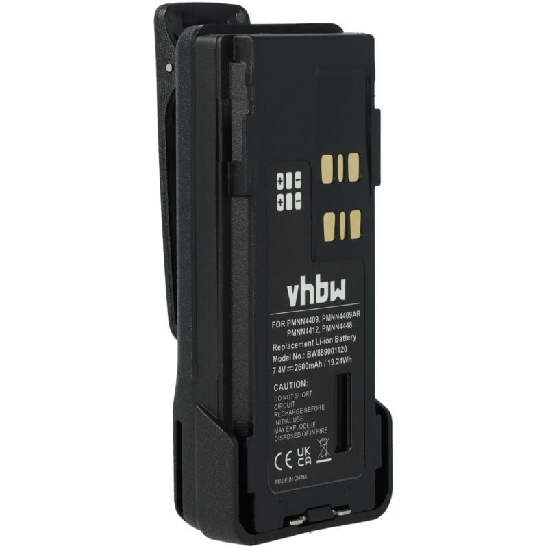 Vhbw - Batterie remplacement pour Motorola PMNN4406, PMNN4406BR, PMNN4407 pour radio talkie-walkie (2600mAh, 7,4V, Li-ion) - avec clip de ceinture