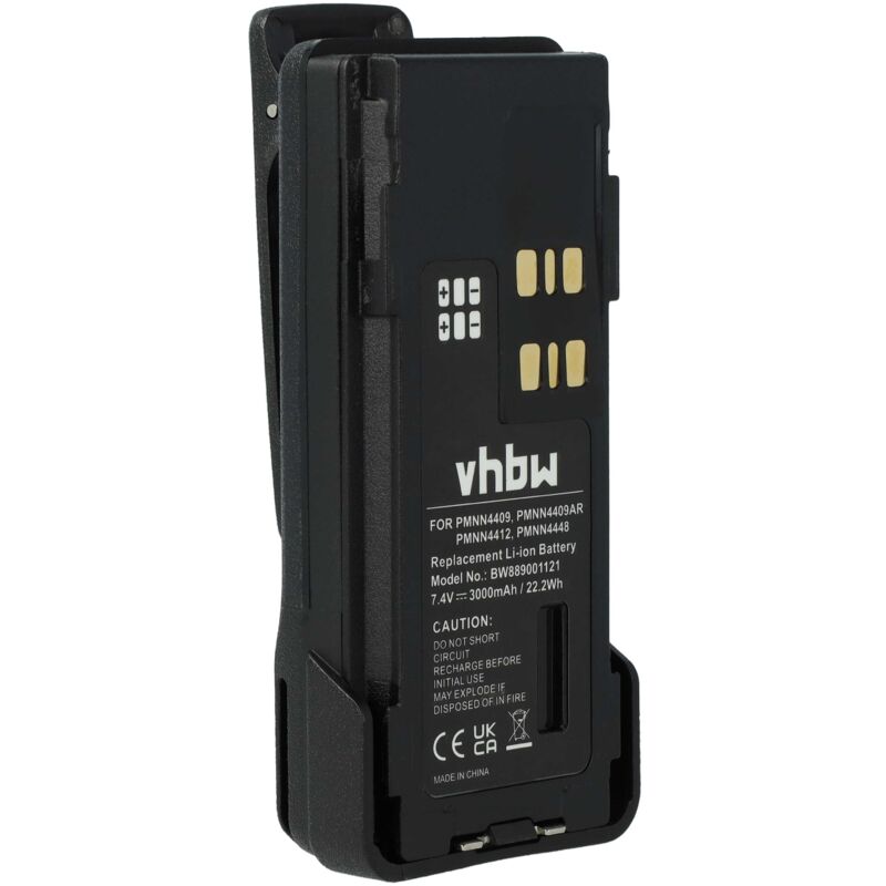 Vhbw - Batterie remplacement pour Motorola PMNN4406, PMNN4406BR, PMNN4407 pour radio talkie-walkie (3000mAh, 7,4V, Li-ion) - avec clip de ceinture