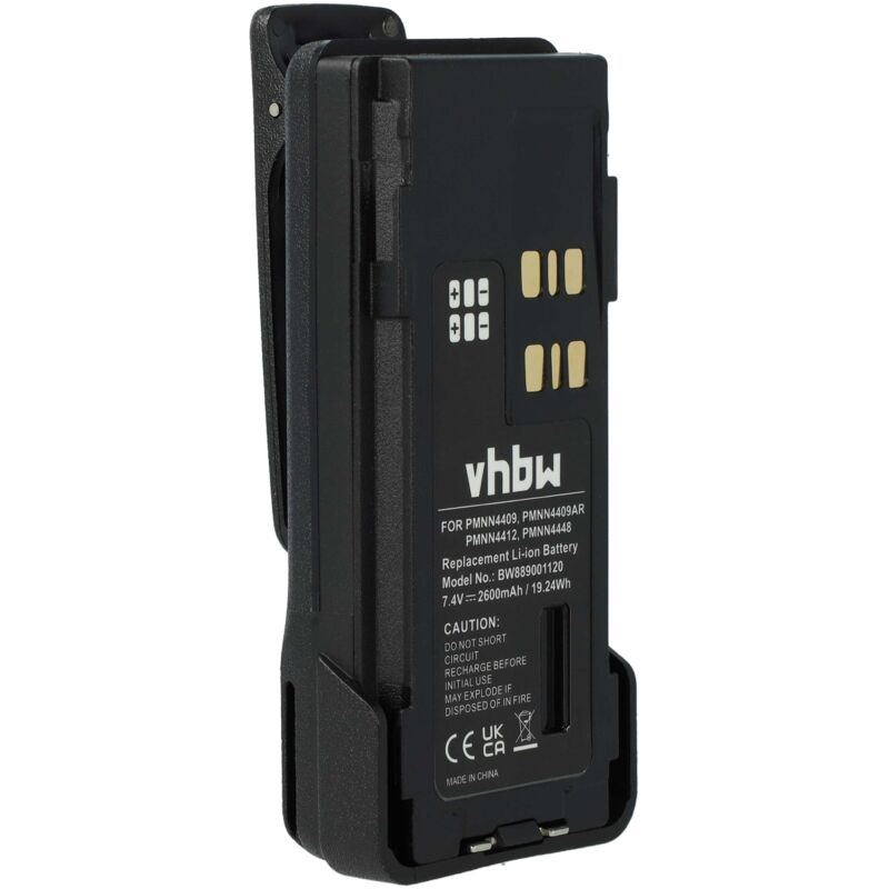 vhbw Batterie remplacement pour Motorola PMNN4412, PMNN4448, PMNN4489A pour radio talkie-walkie (2600mAh, 7,4V, Li-ion) - avec clip de ceinture
