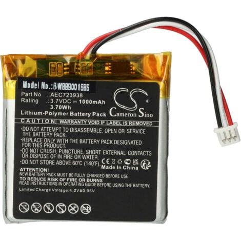 vhbw Battery Replacement for Bang & Olufsen AEC723938 for Wireless Headset Headphones (1000mAh, 3.7 V, Li-polymer)