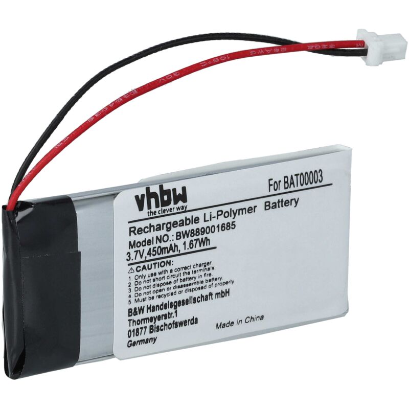 Vhbw - Battery Replacement for Cardo BAT00003 for Wireless Headset Headphones (450mAh, 3.7 v, Li-polymer)