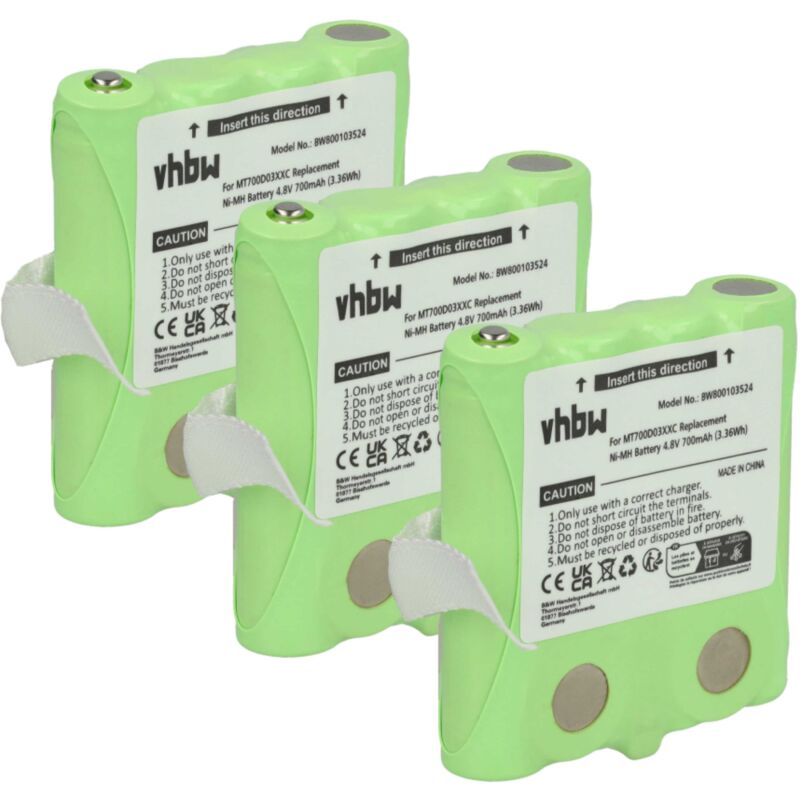 3x Batterie compatible avec Oricom PMR1000 radio talkie-walkie (700mAh, 4,8V, NiMH) - Remplacement pour Simvalley PX-175-675 - Vhbw