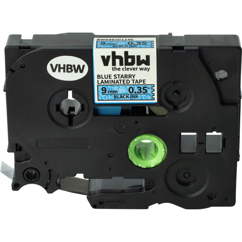 vhbw Label Tape compatible with Brother PT 9600, 9400, 900, 550, 540, 3600, 500, 9000, 350 Label Printer 9 mm, Black on Blue (Glitter)
