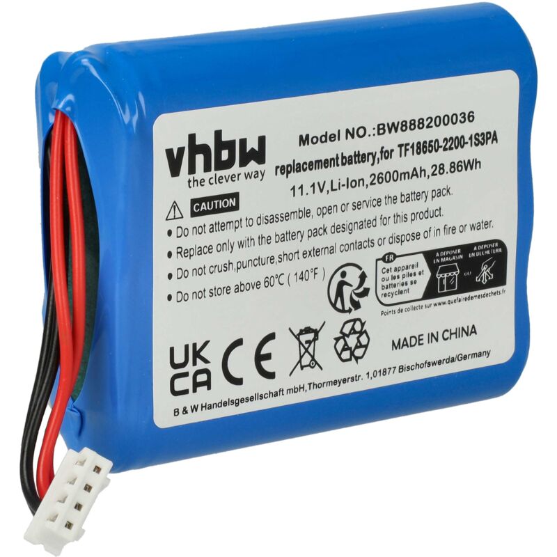 

vhbw Li-Ion batería 2600mAh (11.1V) para altavoz altavoces como Marshall TF18650-2200-1S3PA