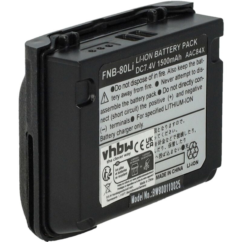 Vhbw - 1x Batterie compatible avec Vertex / Yaesu VX-7R, VX-5R, VX7R, VX5R radio talkie-walkie (1500mAh, 7,4V, Li-ion) - Remplacement pour FNB-80Li,