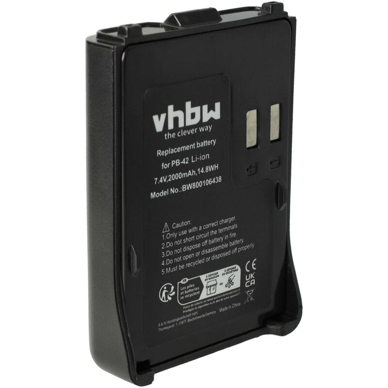 Batterie remplacement pour Kenwood PB-42, PB-42L, PB-42Li pour radio talkie-walkie (2000mAh, 7,4V, Li-ion) - Vhbw