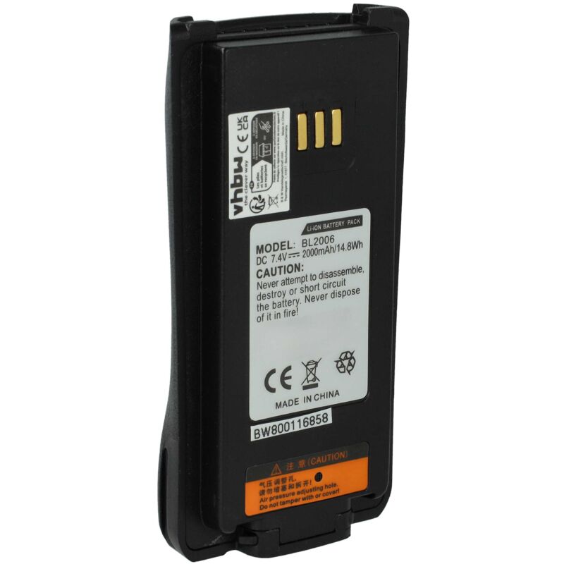 vhbw Batterie compatible avec HYT PD-506, PD-606, PD700, DMR PD-782, PD-502, DMR PD-702, PD-700, PD700S radio talkie-walkie (2000mAh, 7,4V, Li-ion)