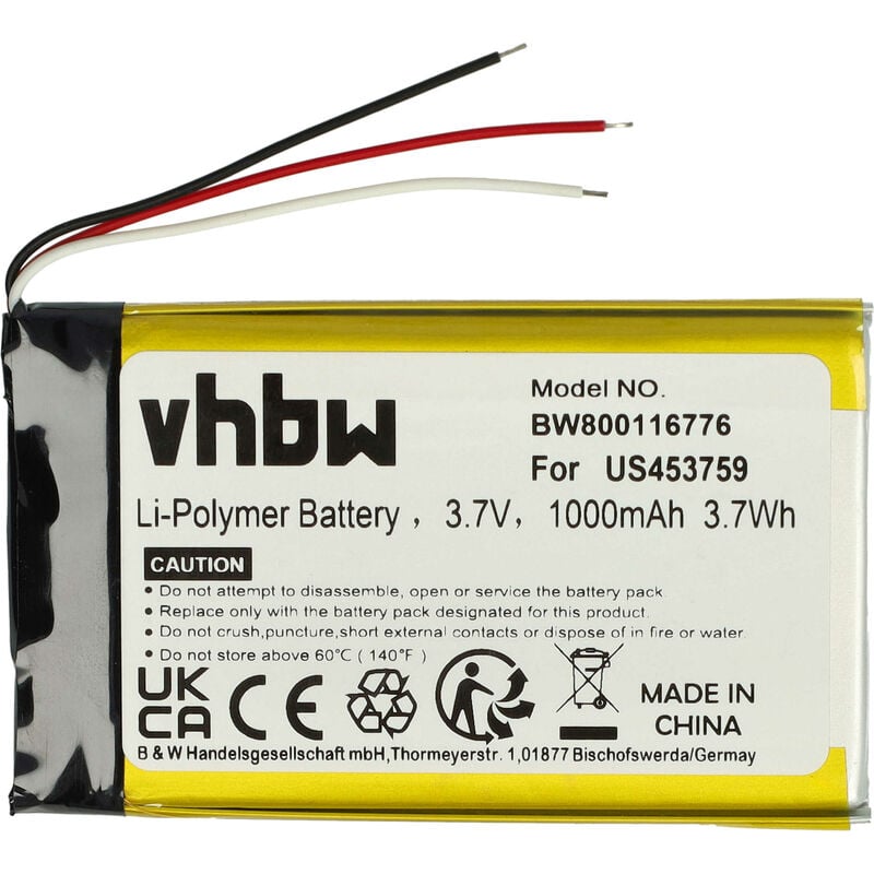 Image of vhbw batteria compatibile con Sony MDR-HW700DS MP3 music player lettore musicale (1000mAh, 3,7V, Li-Poly)