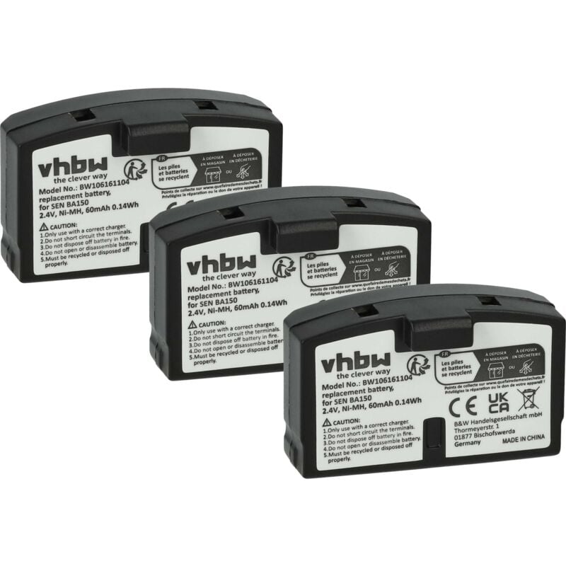 3x Batteries compatible avec Sennheiser ri 250, Set 2500, ri 150, ri 250 s, ri 250 j casque audio, écouteurs sans fil (60mAh, 2,4V, NiMH) - Vhbw