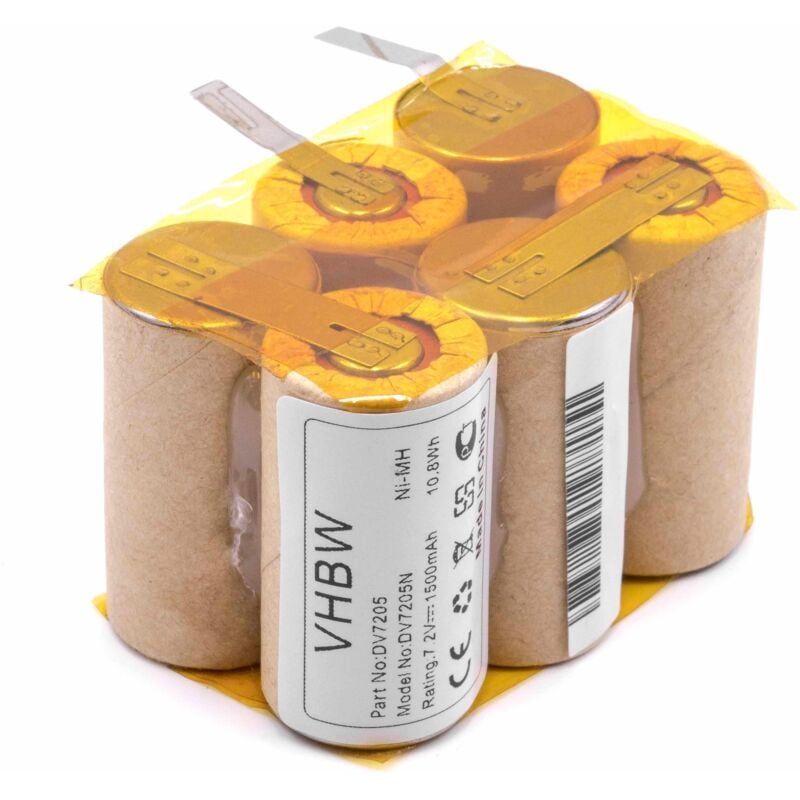 vhbw Batterie compatible avec Black & Decker DV7205N, DV7205 aspirateur (1500mAh, 7,2V, NiMH)
