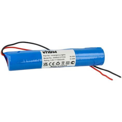 vhbw NiMH batterie céllule 1500mAh (3.6V) avec câble de raccord pour issues de secours, éclairage de secours, batterie bâton