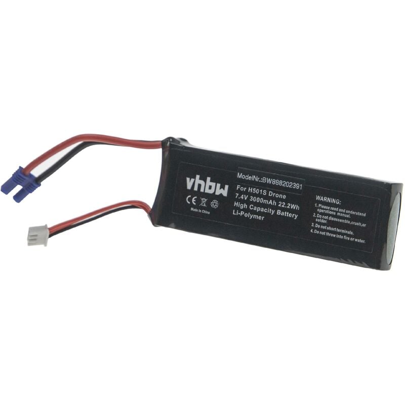 vhbw Replacement Battery compatible with Hubsan BC6551 Drone Multicopter Quadrocopter (3000mAh, 7.4V, Li-Polymer)