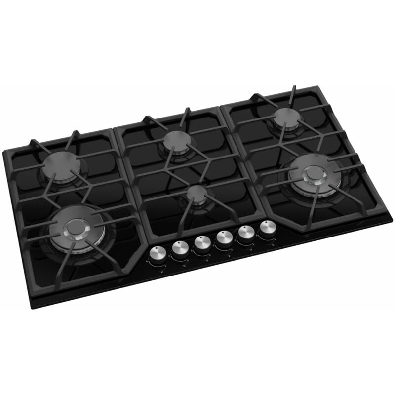 Viandpro - 90cm 6 Burner Black Glass Gas Hob With 2 Dual Wok Burners - VP-H906BL