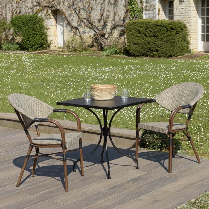 Vianney - Salon de jardin 2 personnes en acier - 1 table carrée 70x70cm et 2 chaises en textilène taupe