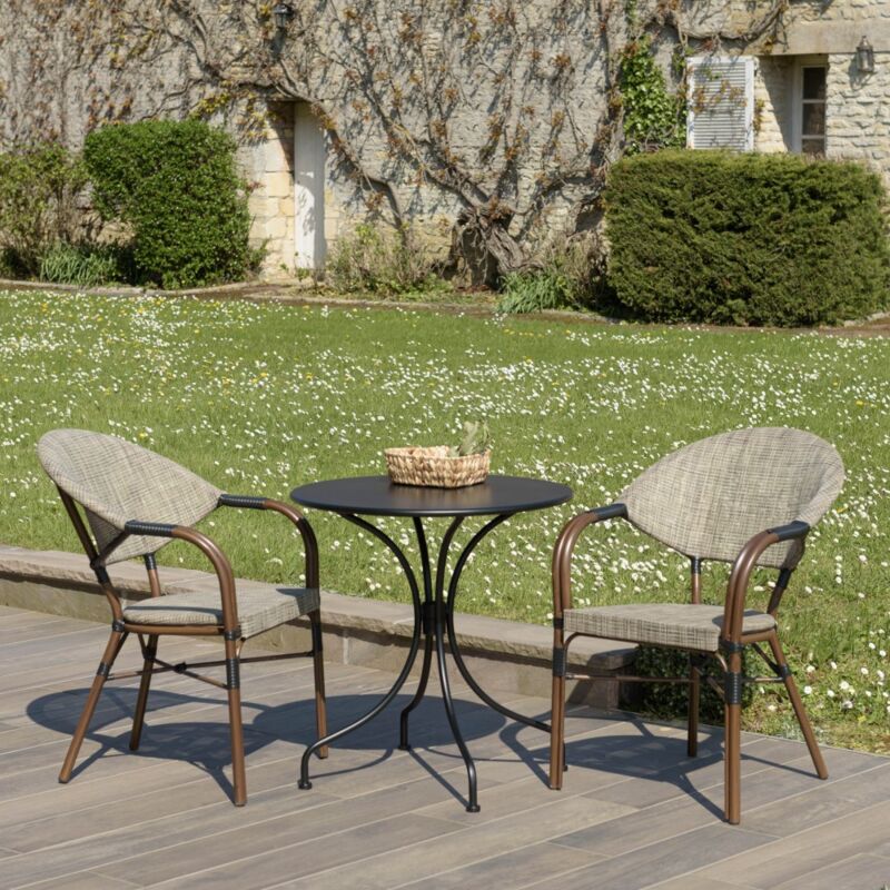 Vianney - Salon de jardin 2 personnes en acier - 1 table ronde 70x70cm et 2 chaises en textilène taupe