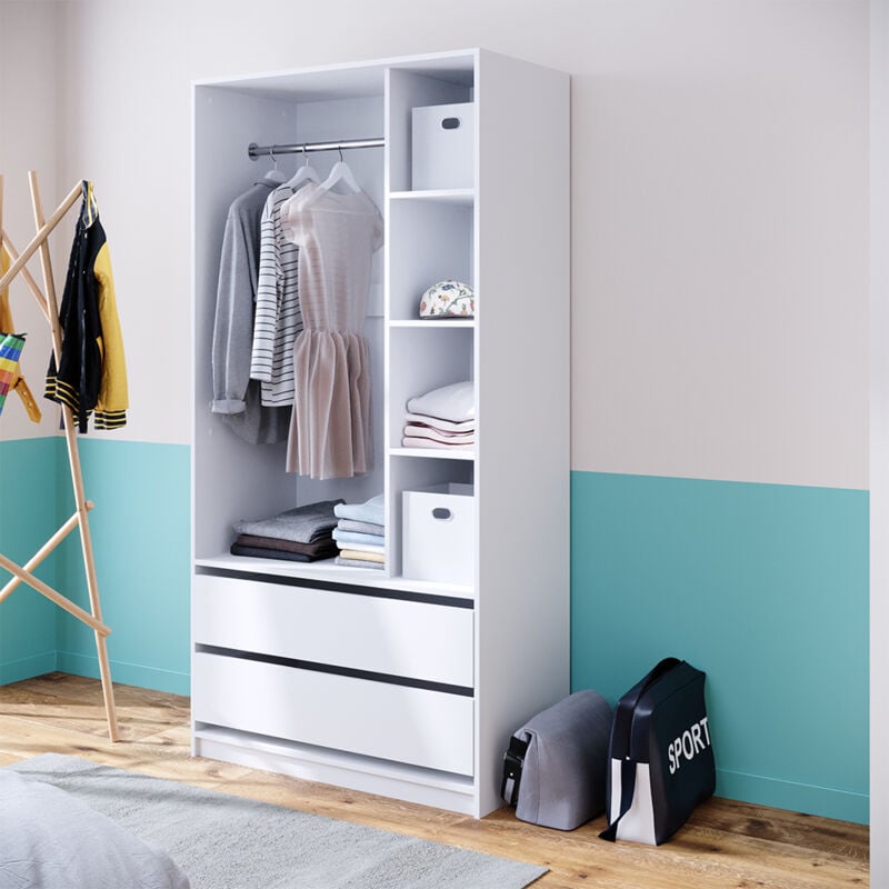 Vicco - Armoire Elmo, Blanc, 100 x 200 cm avec 2 tiroirs