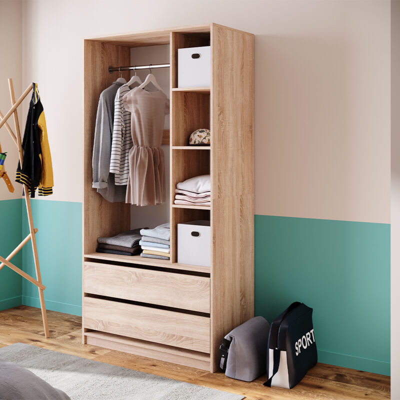 Vicco – Armoire enfant chêne sonoma 100 x 200 x 50 cm avec 2 tiroirs – Panneaux de particules mélaminés 16 mm – Surface en résine mélamine