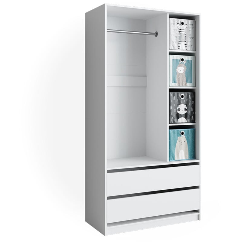Vicco - Armoire pour enfants Elmo, Blanc, 100 x 200 cm avec 2 tiroirs et boîtes pliantes