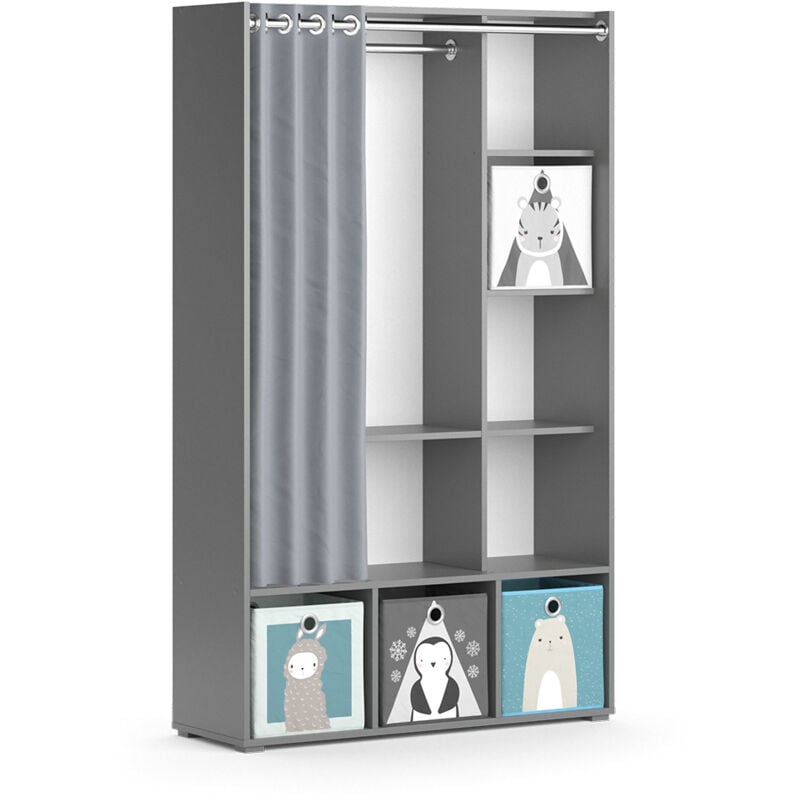 Armoire pour enfants Luigi, Gris, 105.8 x 178.1 cm avec boîtes pliantes (grises) Vicco