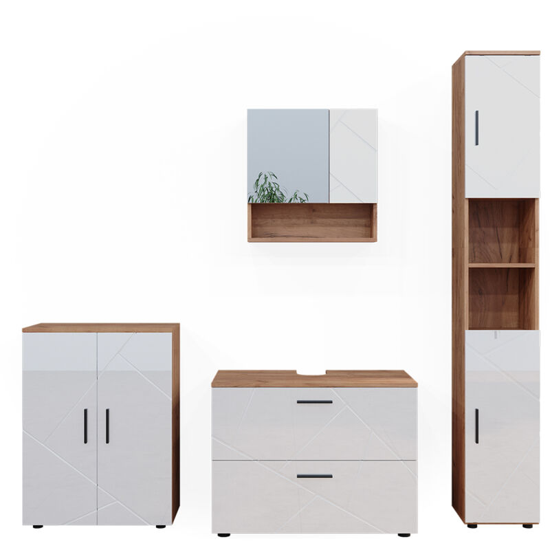 Vicco - Badmöbel-set Irma, Weiß Hochglanz/goldkraft Eiche, 4 Teile, Mit Schubladenschrank Und Midischrank