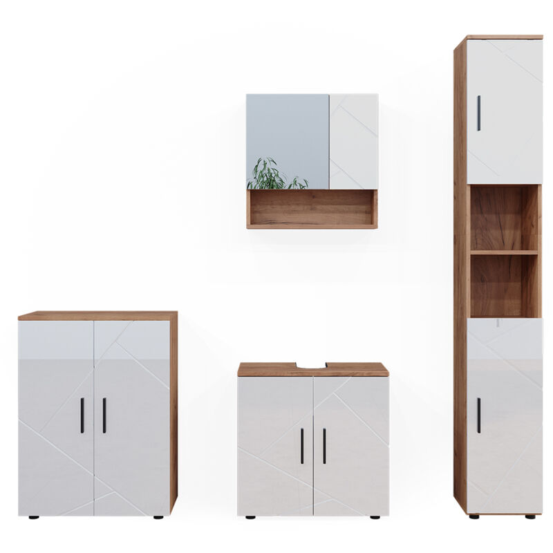 Badmöbel-set Irma, Weiß Hochglanz/goldkraft Eiche, 4 Teile, Mit Hochschrank Und Kommode, Vicco