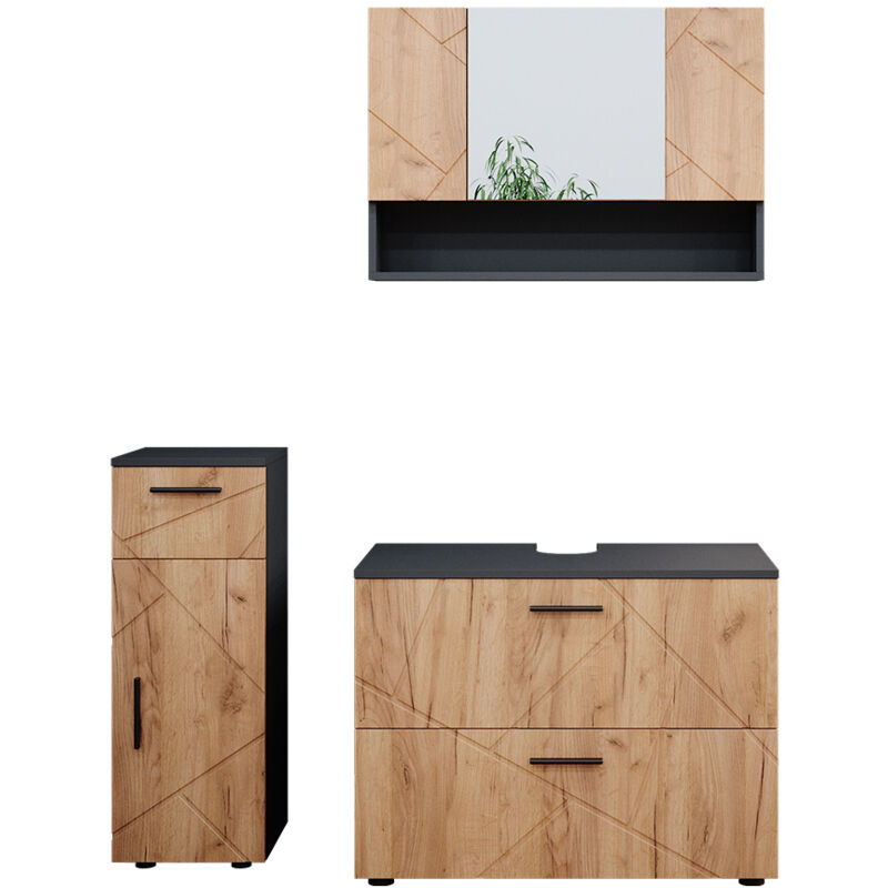 Vicco - Badmöbel-set Irma, Goldkraft Eiche/anthrazit, 3 Teile, Mit Schubladenschrank Und Midischrank