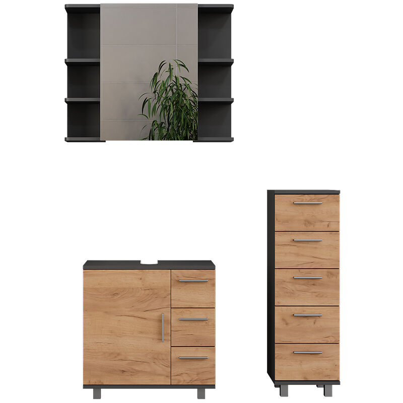 Badmöbel-set Ilias, Anthrazit/goldkraft Eiche, 3 Teile, Mit Midischrank, Vicco