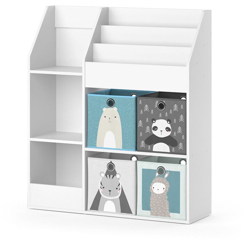 Bibliothèque enfant Luigi, Blanc, 100.4 x 114.2 cm avec 4 boîtes pliantes (grises) Vicco