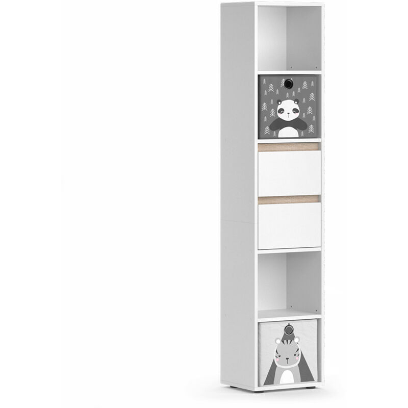 Bibliothèque enfant Robert, Blanc, 36.2 x 171 cm avec boîtes pliantes grises, Vicco