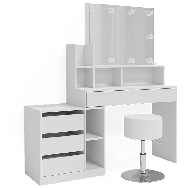 Vicco - Coiffeuse Anja, Blanc, 139.8 cm avec éclairage led et tabouret