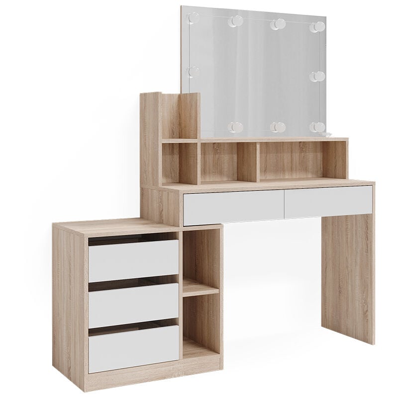 Vicco - Coiffeuse Anja, Blanc/Sonoma, 139.8 cm avec éclairage led