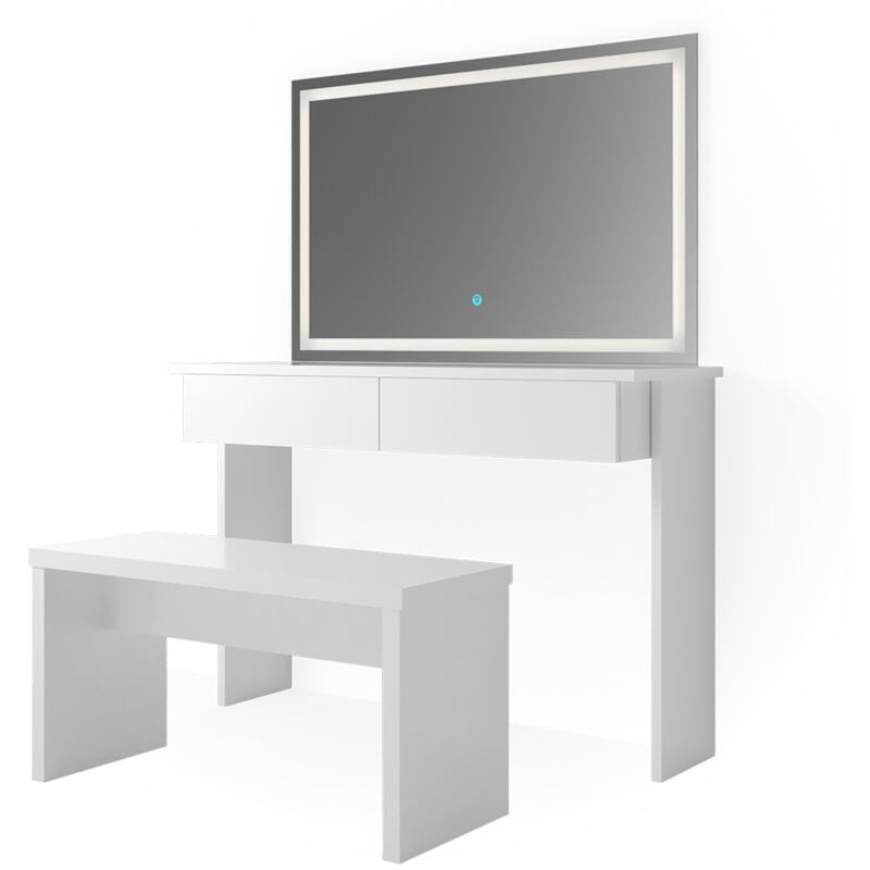 Vicco - Coiffeuse Azur, Blanc, 120 cm avec miroir led et banc
