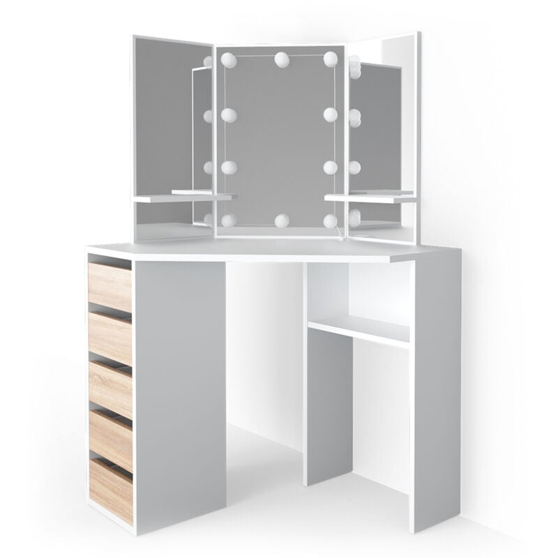 Vicco - Coiffeuse Arielle, Blanc/Sonoma, 110 cm avec éclairage led