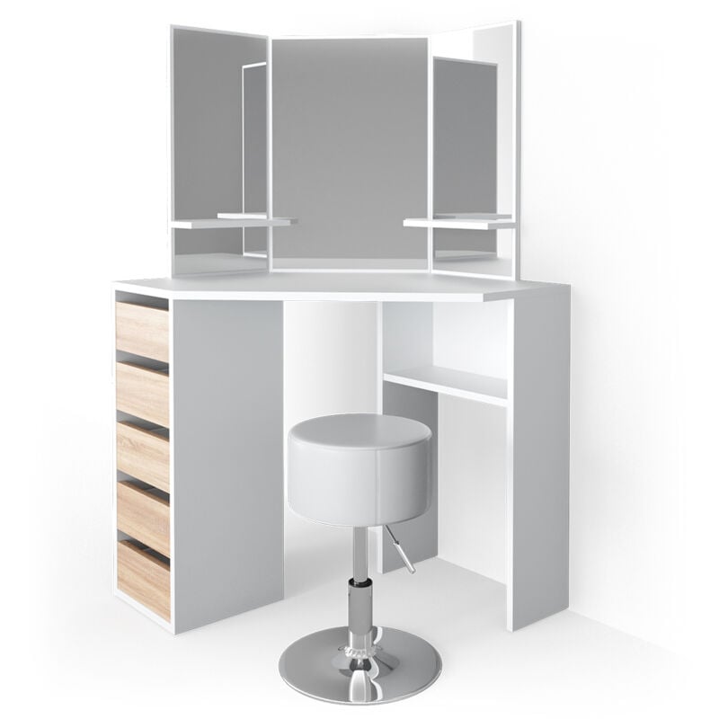 Vicco - Coiffeuse d'angle Arielle, Blanc/Sonoma, 110 cm avec tabouret