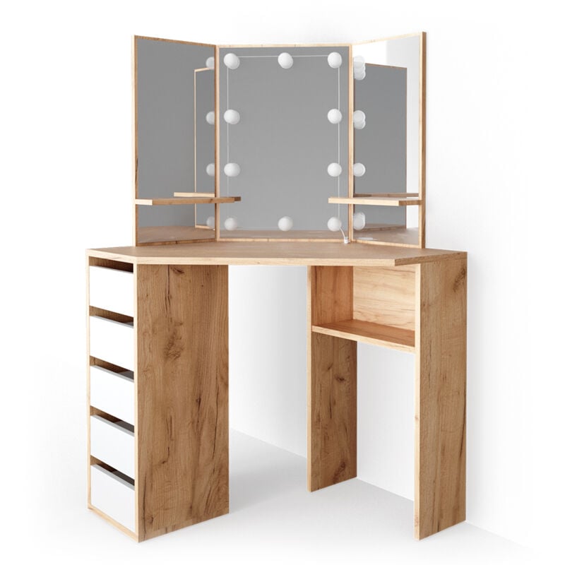 Coiffeuse Arielle, Chêne de force doré, 110 cm avec éclairage led Vicco