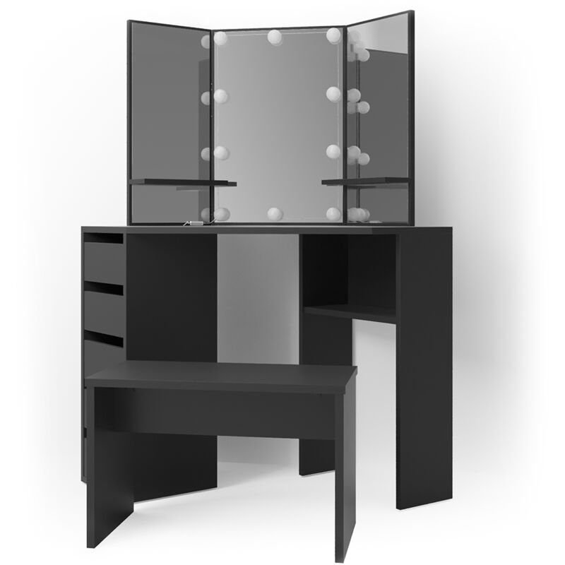 Vicco - Coiffeuse Arielle, Noir, 110 cm avec éclairage led et banc