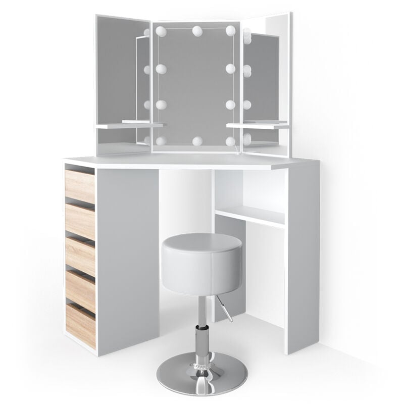 Coiffeuse Arielle, Blanc/Sonoma, 110 cm avec éclairage LED et tabouret, Vicco